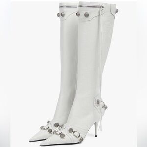 NWTS White Motorcycle Stiletto High Heel Knee High Pointy Studded Zipper Boots